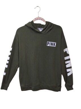 PINK VS Women's Olive Green Hoodie White Chest Logo & Sleeve Spell Out Pockets